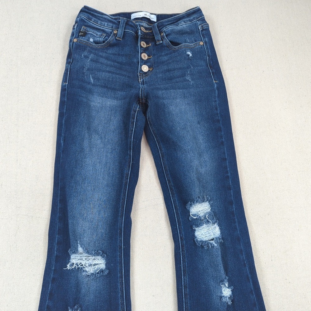 Kancan Jeans Womens 26 Blue Petite Flare Stretch Casual Distressed Button Fly - Picture 2 of 15